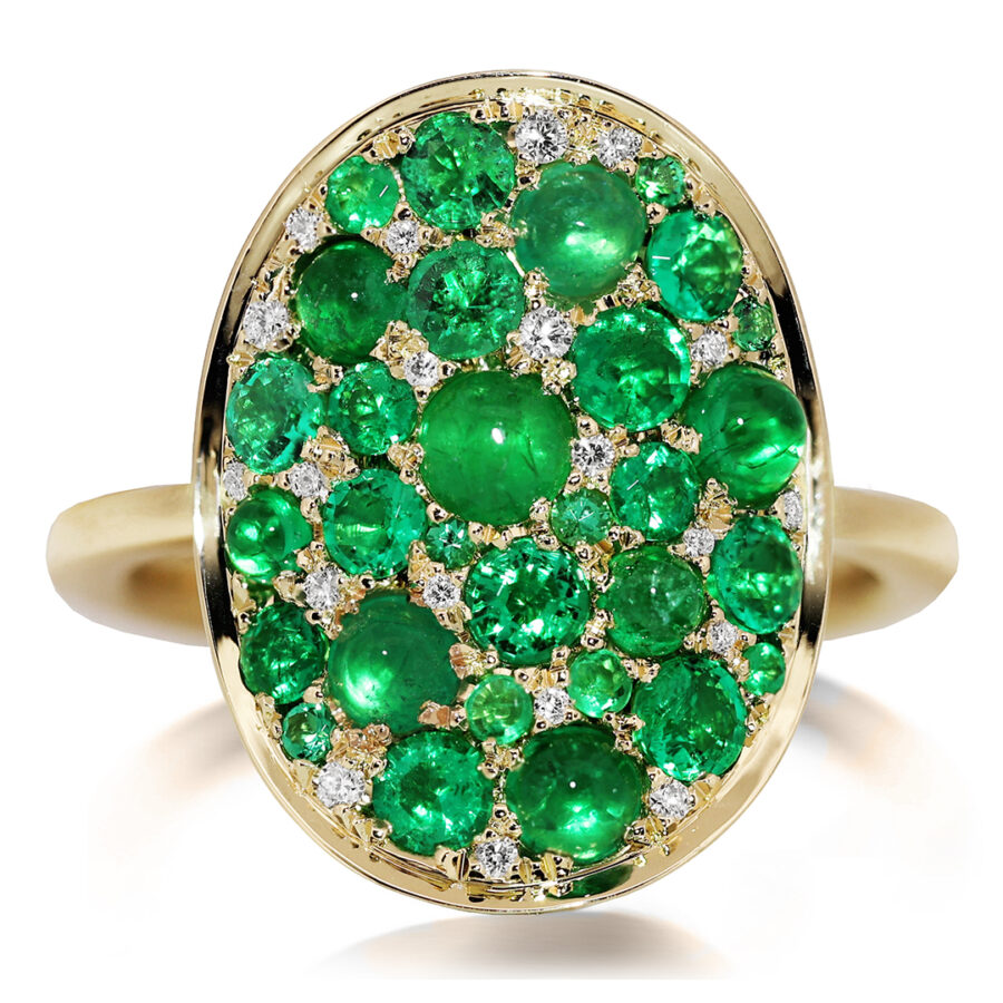 18K Yellow Gold Muzo Emerald Diamond Mosaic Pave Ring