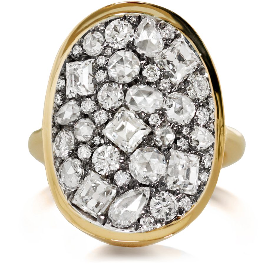 Antique Carré-cut + Rose-cut + Brilliant-cut White Diamond Mosaic Set Pavé Ring