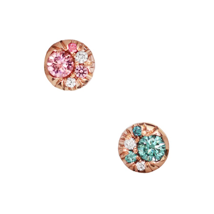 Asymmetrical 5 mm Rose Gold Diamond Sapphire Spinel Stud Earrings