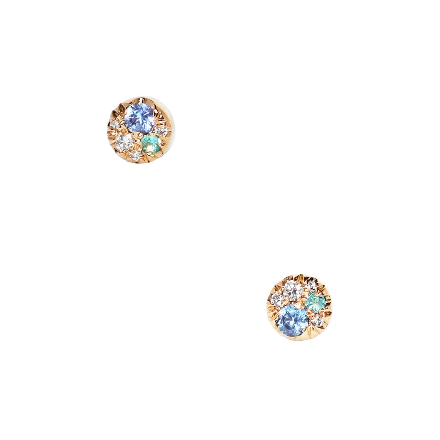 Yellow Gold 4 mm Sapphire Paraiba Tourmaline Diamond Mini Stack Side Stud Earrings