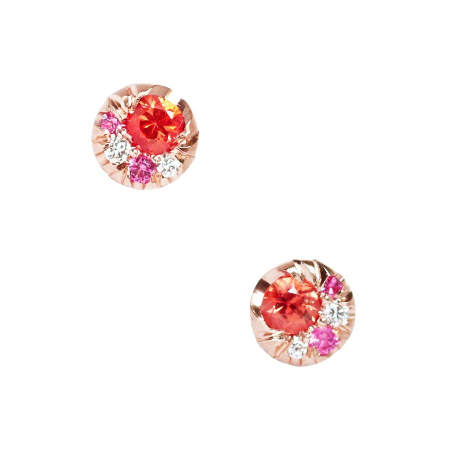 Rose Gold 5 mm Diamond Padparadscha Sapphire Spinel Stud Earrings