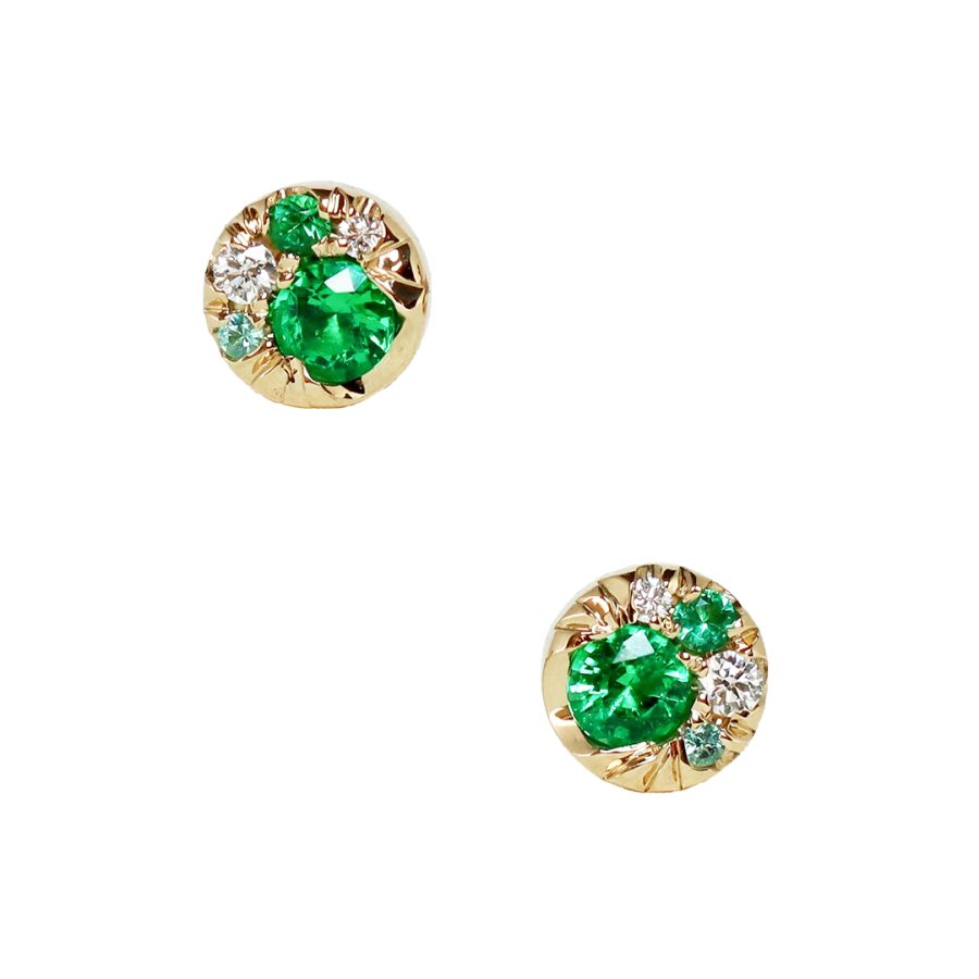 Yellow Gold 5 mm Emerald Diamond Paraiba Tourmaline Stud Earrings
