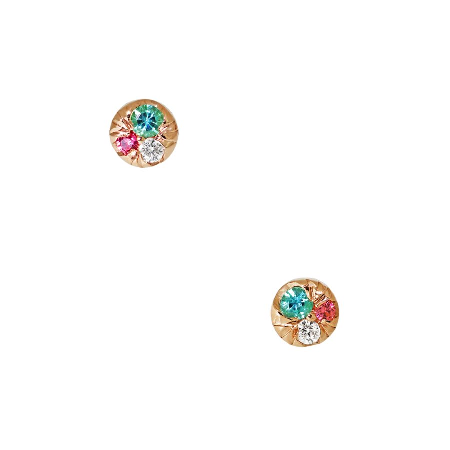 4 mm Paraiba Tourmaline + Diamond + Pink Spinel Mini Stack Side Stud Earrings