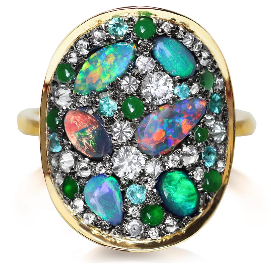 Black Opal + Jadeite + Paraiba Tourmaline + Diamond Pavé Mosaic Ring