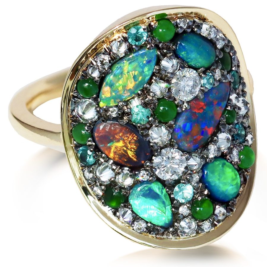 Black Opal + Jadeite + Paraiba Tourmaline + Diamond Pavé Mosaic Ring