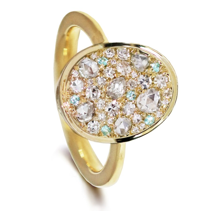 Yellow Gold Paraiba Tourmaline, Antique Rose-Cut Diamond Octagon-Cut Diamond Ring