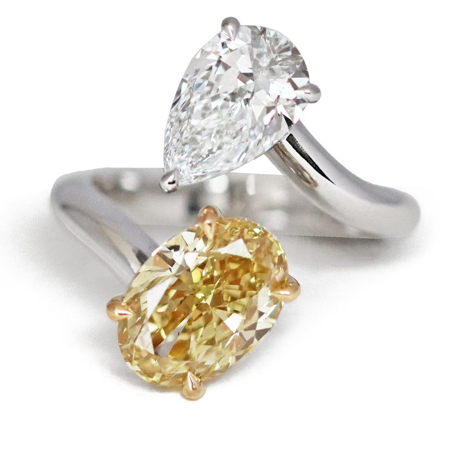 Platinum Toi Et Moi Ring, Lab Grown Oval-cut Yellowish Brown Diamond, Lab Grown Pear Shape White Diamond