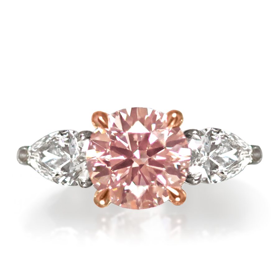 Platinum Rose Gold Trilogy Ring, Lab Grown Brilliant-cut Pink Diamond centerstone, Lab Grown Pear Shape White Diamonds, Natural Pavé Diamonds