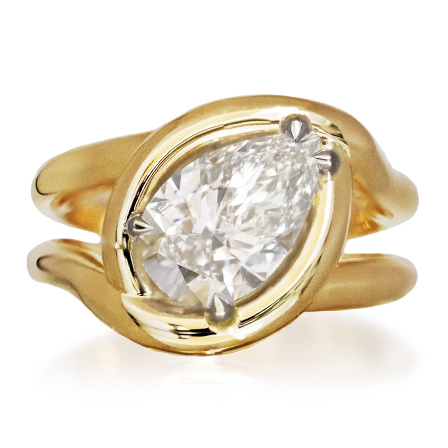 Yellow Gold Solitaire Ring, Lab Grown Pear Shape Diamond centerstone