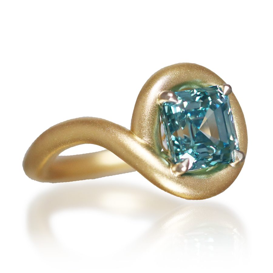 Matte Yellow Gold Ring, Lab Grown Carré-cut Blue Diamond centerstone