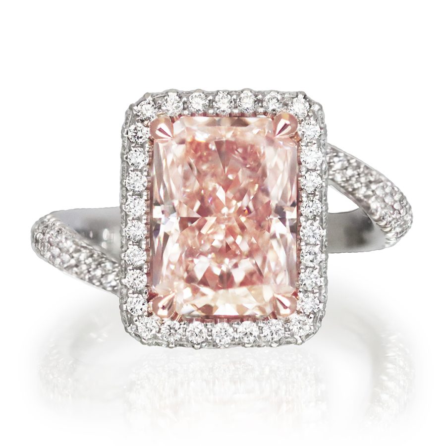 Platinum Halo ring, Lab Grown radiant-cut Pink Diamond centerstone,  Natural Pavé Diamonds