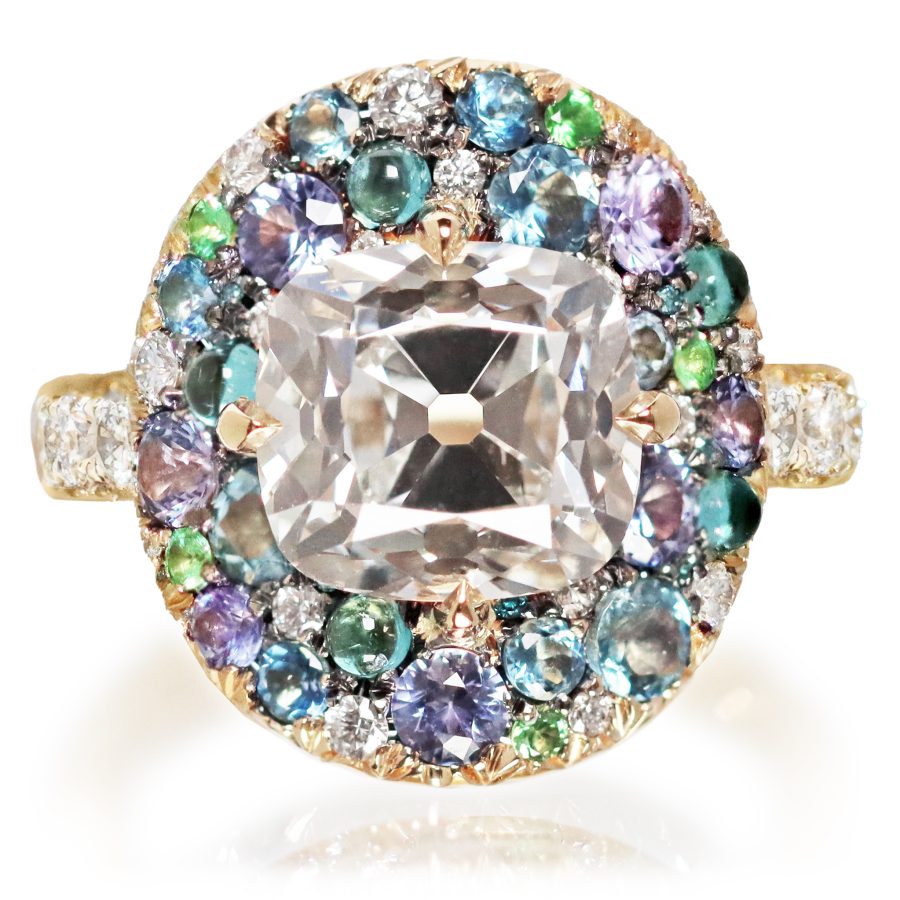 18K Yellow Gold Ring with Lab Grown Old-cut Diamond Center Stone, Natural Pavé Diamonds and Gemstones ( Aquamarine, Sapphire, Tsavorite )