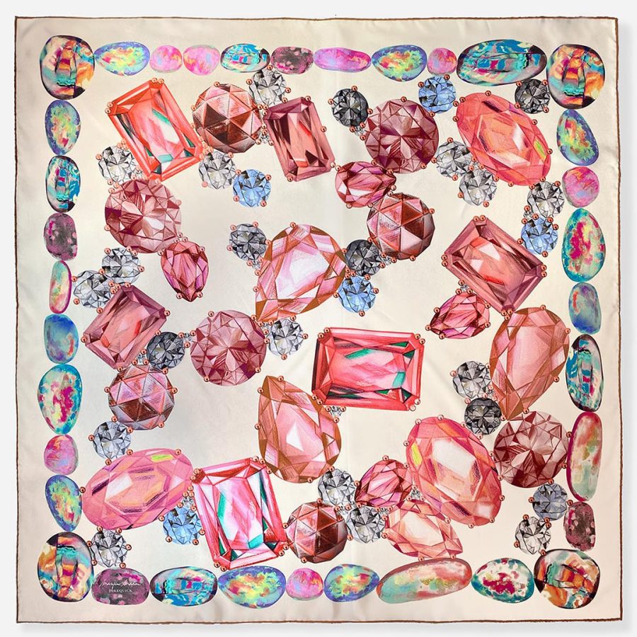 Painted Black Opal, Diamonds & Gemstones | Classic Silk Scarf | Marylène for Joke Quick | Cream Pink Turquoise 90CM