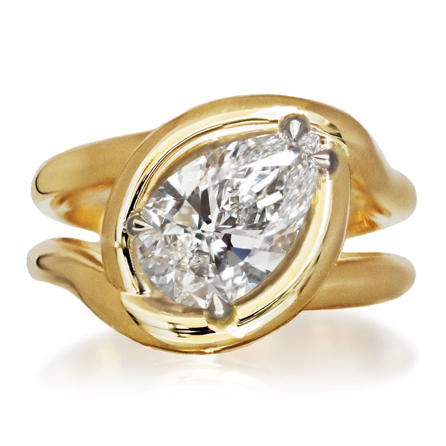 Yellow Gold Solitaire Ring, Lab Grown Pear Shape Diamond centerstone