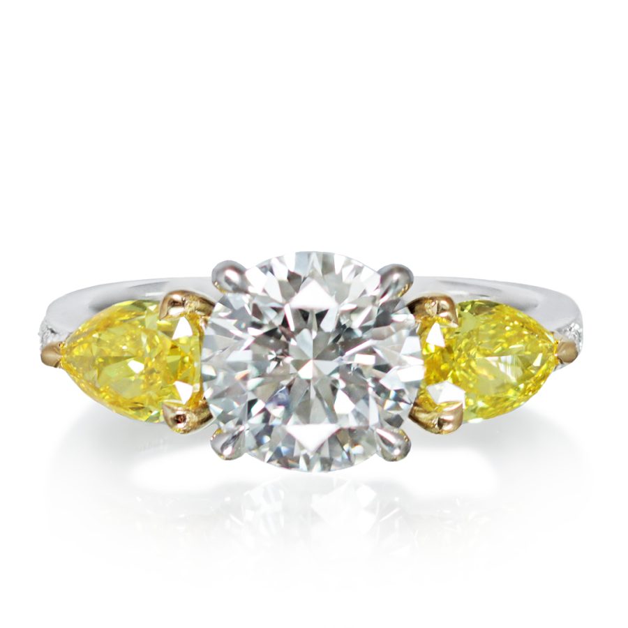 Platinum Yellow Gold Trilogy Ring, Lab Grown 2.01 ct. Brilliant-cut Diamond centerstone, Lab Grown Pear Shape Canary Yellow Diamonds, Natural Pavé Diamonds
