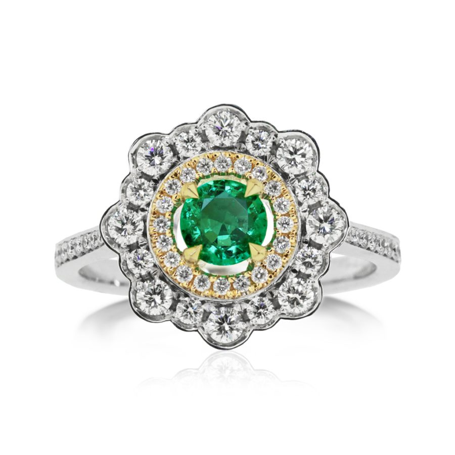 Colombian Emerald Diamond Double Halo Entourage Ring