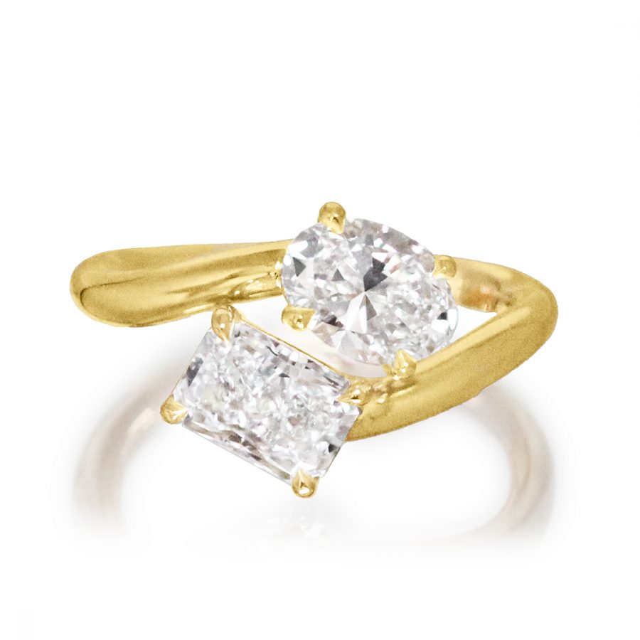 Yellow Gold Toi Et Moi Ring,  Certified 1 et.aval-cut lab grown  Diamond, Certified 1.04 carat  Lab Grown rectangular-cut  Diamond