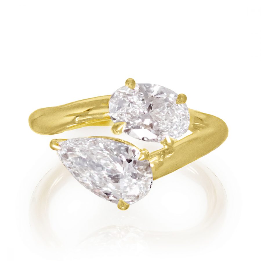 Yellow gold Toi Et Moi Ring,  certified 1.09 et. Lab Grown  aval-cut diamond, certified 1.51  et. pear shape Diamond