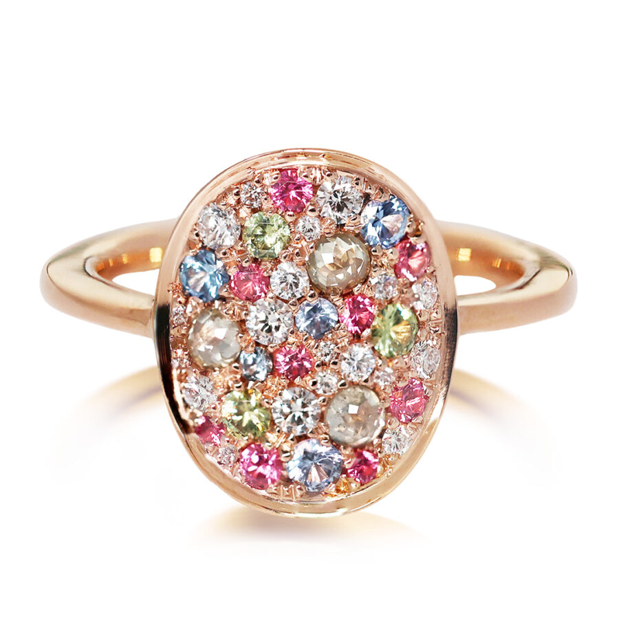 Diamond No Heat Blue Sapphire Pink Spinel Demantoid Garnet Pavé Ring in 18K Rose Gold