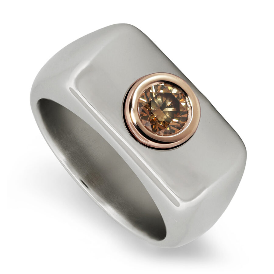 0.65 Carat Natural Fancy Intense Orangy Brown Diamond Men's Ring in S.X Alloy + 18K Rose Gold