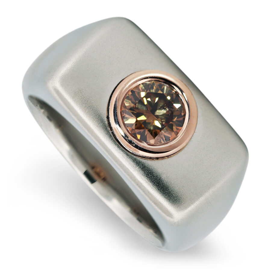 1.02 Carat Natural Fancy Intense Orangy Brown Diamond Men's Ring in S.X Alloy + 18K Rose Gold