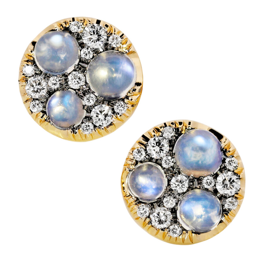10 mm 18K Yellow Gold Moonstone + Diamond Pave Mosaic Stud Earrings