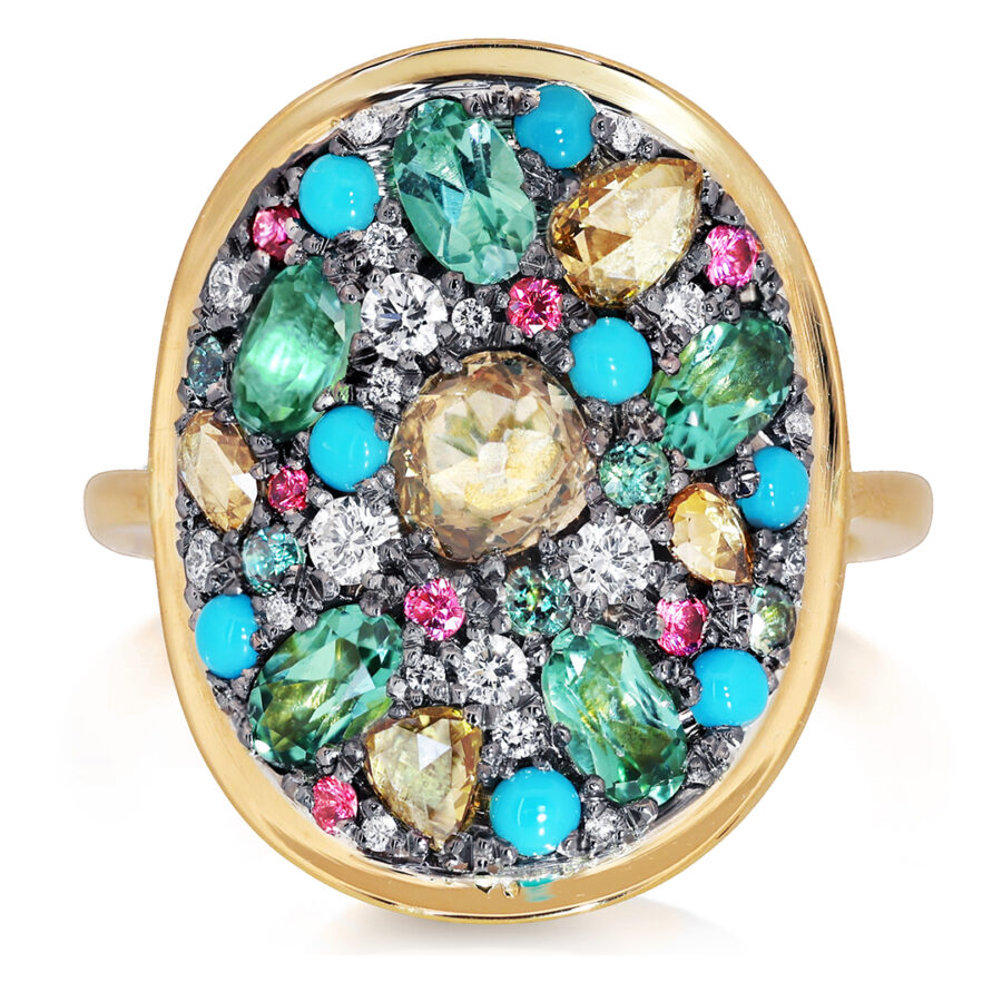 Rose Cut Diamond Mint Tourmaline Turquoise Pink Spinel Alexandrite Pavé Ring