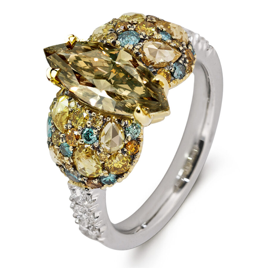Handmade 18K Gold 2ct Marquise Brown Diamond Ring with Pavé