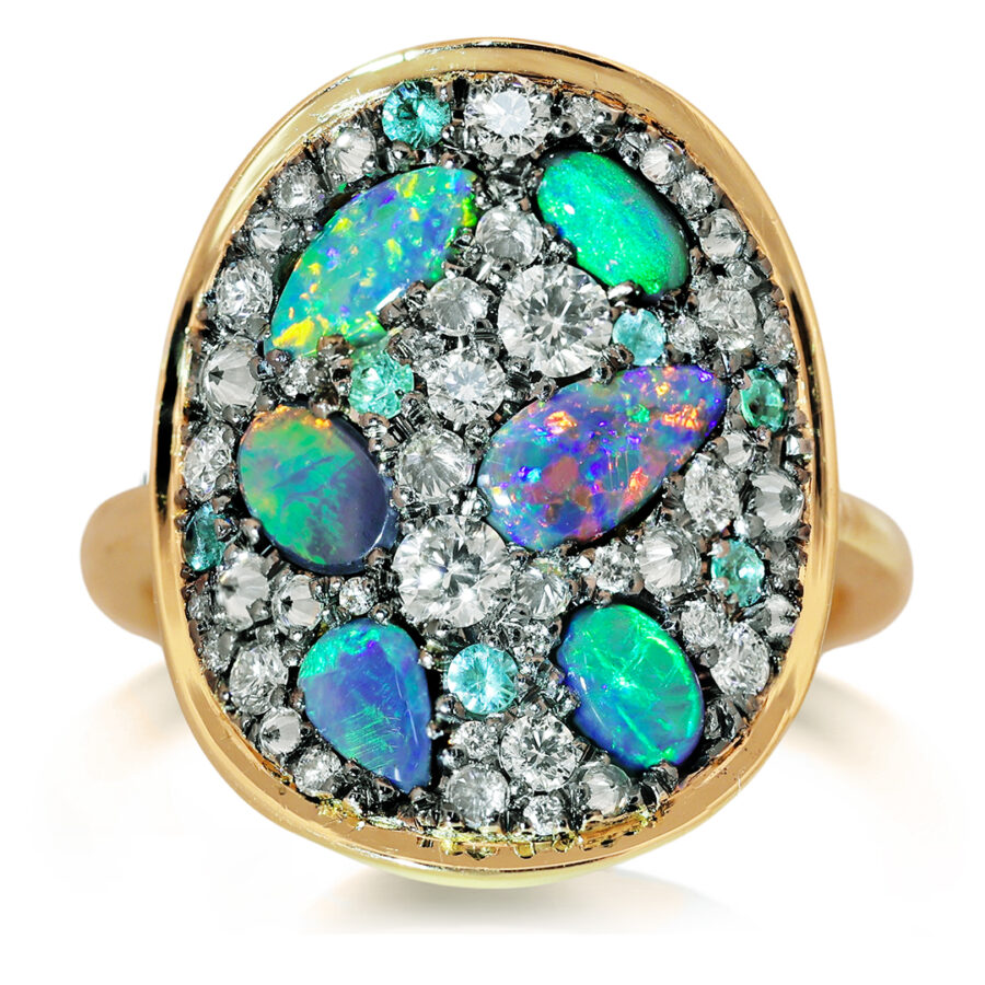 Lightning Ridge Black Opal + Paraiba Tourmaline + Diamond Mosaic Pave Ring