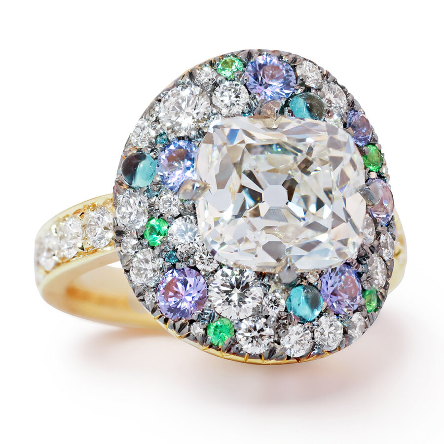 18K Yellow Gold Ring Lab Grown Old-cut Diamond Center Stone, Natural Pavé Diamonds Sapphire Tourmaline Tsavorite