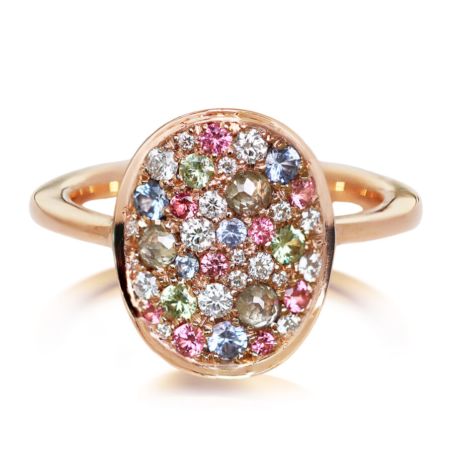 Diamond No Heat Blue Sapphire Pink Spinel Demantoid Garnet Pavé Ring in 18K Rose Gold