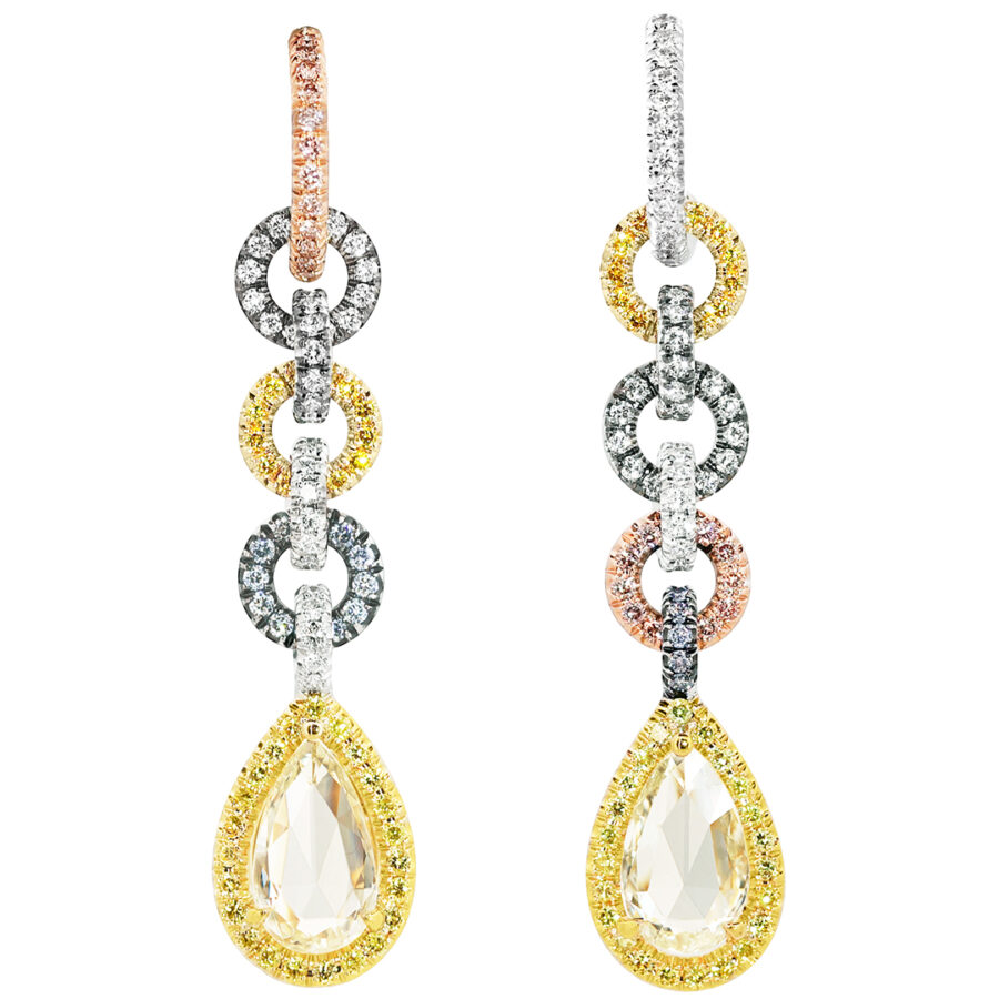 Rose-Cut Pear Diamond Drop Earrings with Asymmetric Multicolor Diamond Links