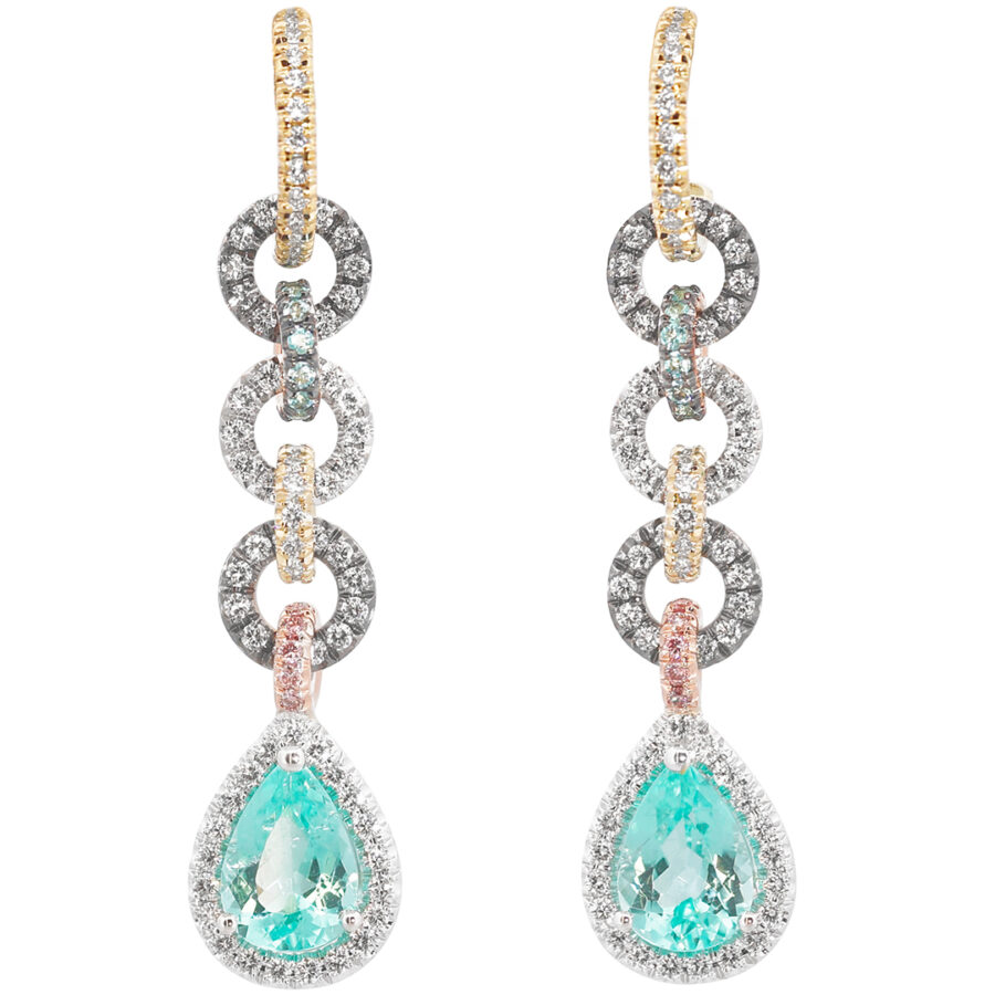 2.69 Carat Paraiba Tourmaline Pear Drop Earrings with Pink and White Diamond Links in 18K Tri-Color Gold