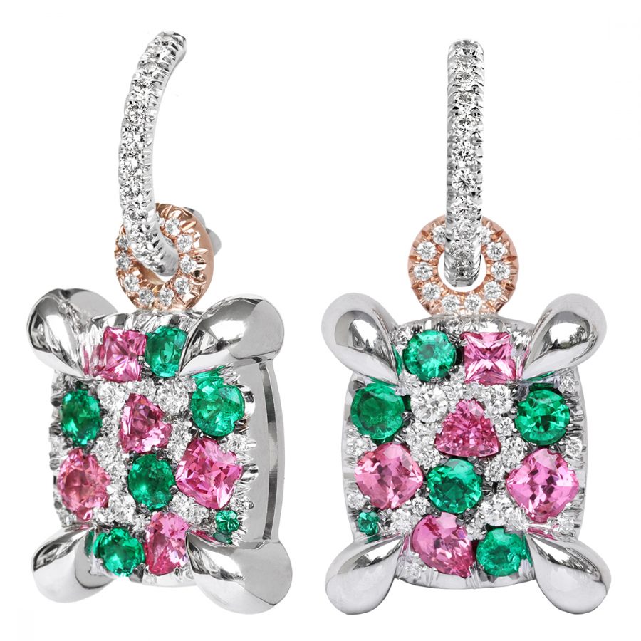 Colombian Emerald Mahenge Pink Spinel Diamond Pave Charm Earrings